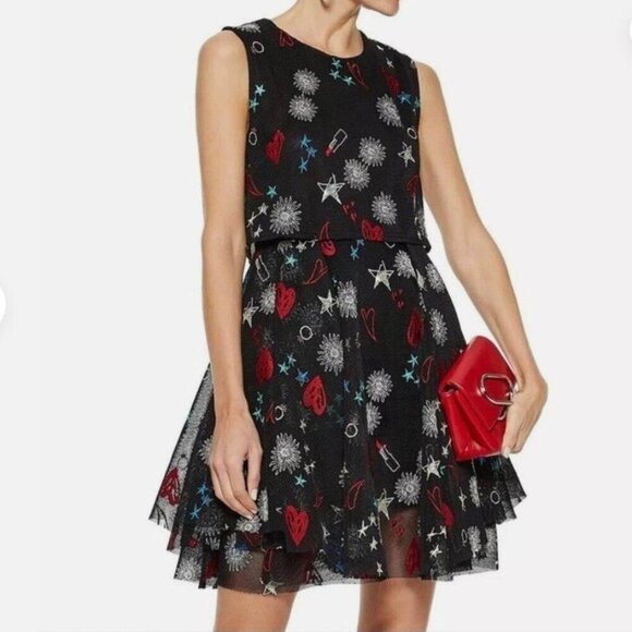 Maje Rachel Black Mesh Mini Dress - Embroidered Hearts & Lipsticks, Size S small - Picture 2 of 10